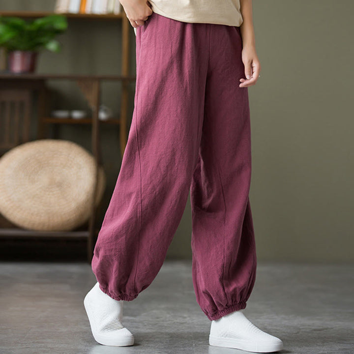 Pantalones de lino y algodón con ramio de color liso con bolsillos y Buddha Stones - image 51
