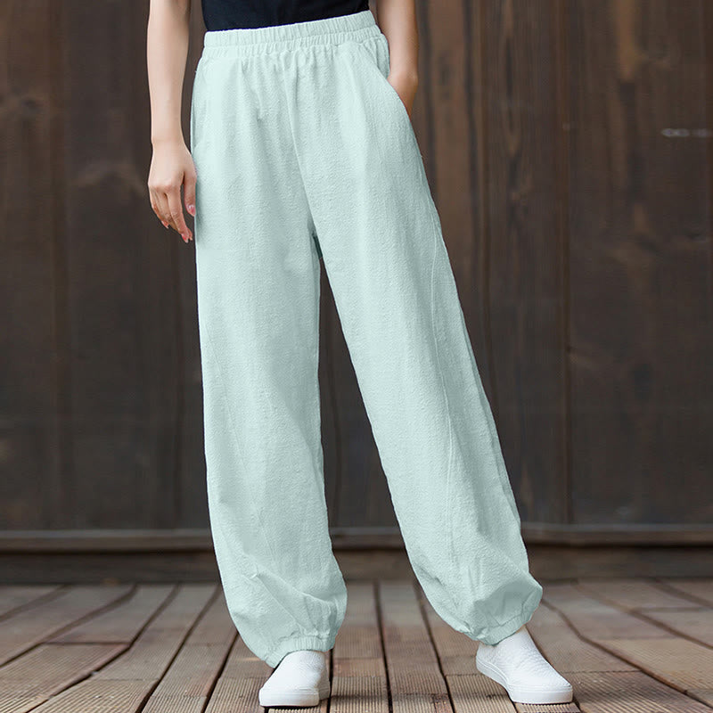 Pantalones de lino y algodón con ramio de color liso con bolsillos y Buddha Stones - image 61