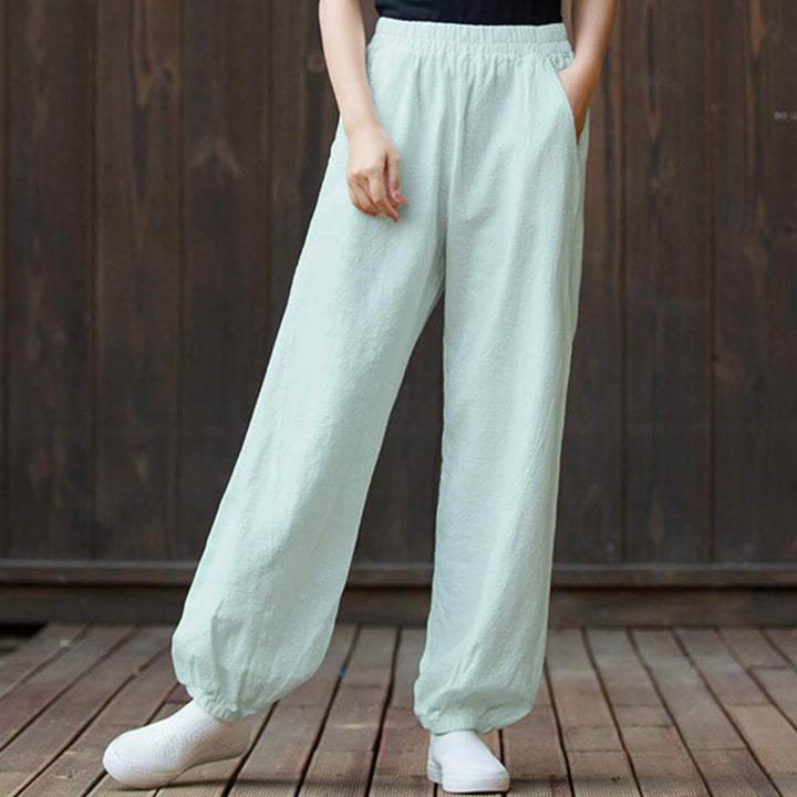 Pantalones de lino y algodón con ramio de color liso con bolsillos y Buddha Stones - image 62