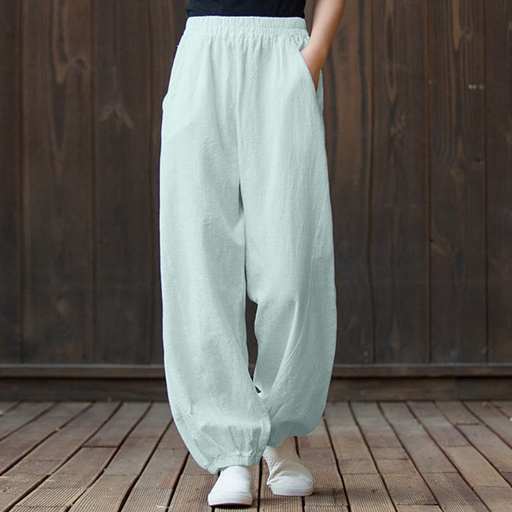 Pantalones de lino y algodón con ramio de color liso con bolsillos y Buddha Stones - image 60