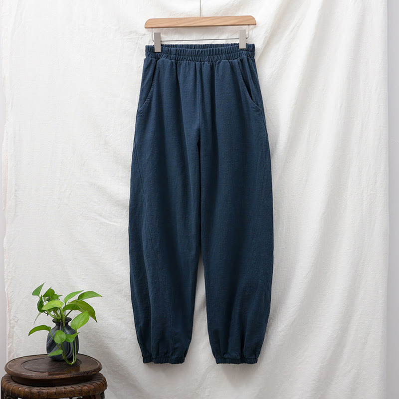 Pantalones de lino y algodón con ramio de color liso con bolsillos y Buddha Stones - image 48