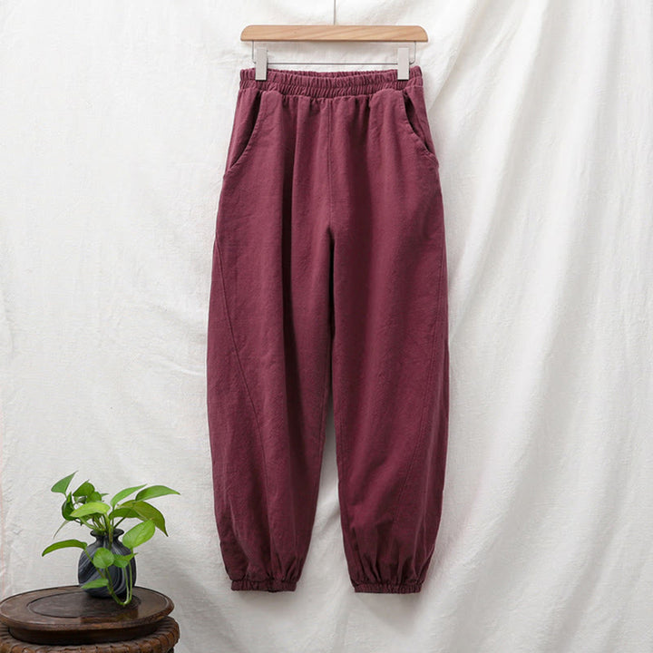 Pantalones de lino y algodón con ramio de color liso con bolsillos y Buddha Stones - image 57
