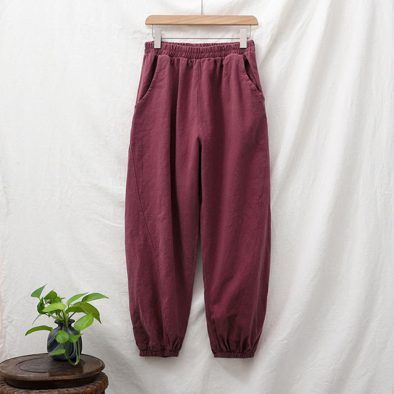 Pantalones de lino y algodón con ramio de color liso con bolsillos y Buddha Stones - image 58