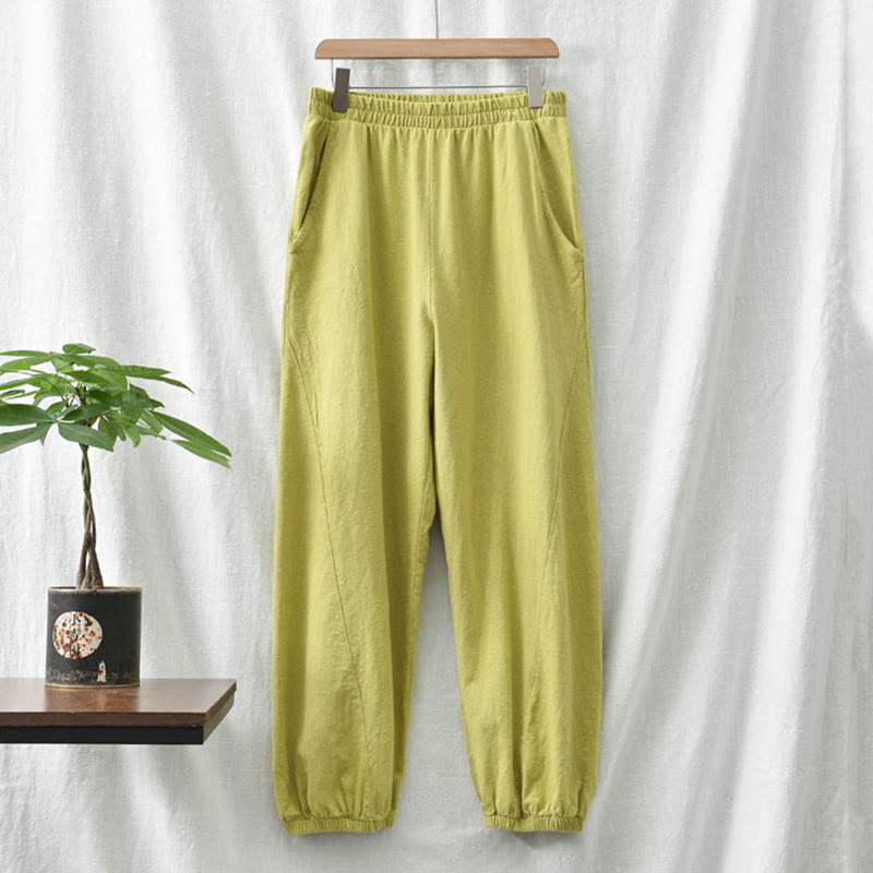 Pantalones de lino y algodón con ramio de color liso con bolsillos y Buddha Stones - image 22