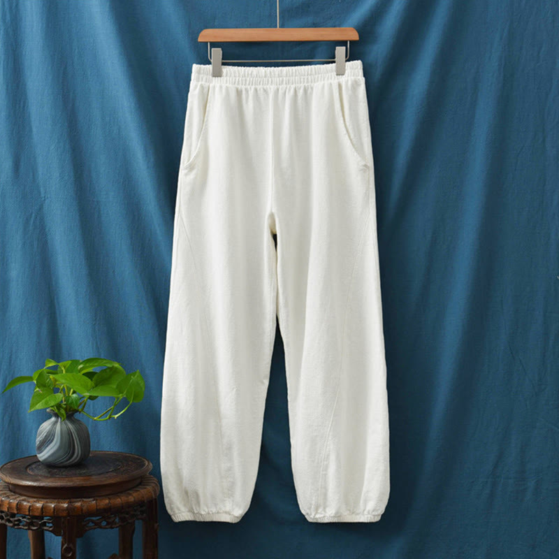 Pantalones de lino y algodón con ramio de color liso con bolsillos y Buddha Stones - image 34
