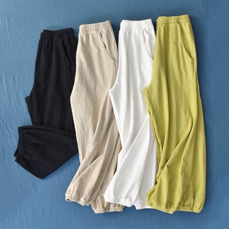 Pantalones de lino y algodón con ramio de color liso con bolsillos y Buddha Stones - image 1