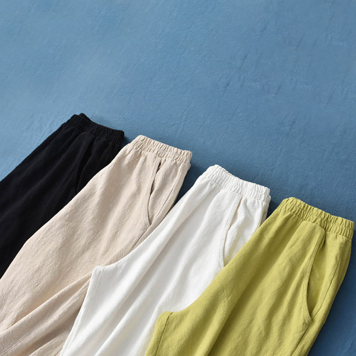 Pantalones de lino y algodón con ramio de color liso con bolsillos y Buddha Stones - image 14