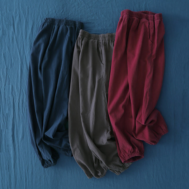 Pantalones de lino y algodón con ramio de color liso con bolsillos y Buddha Stones - image 55