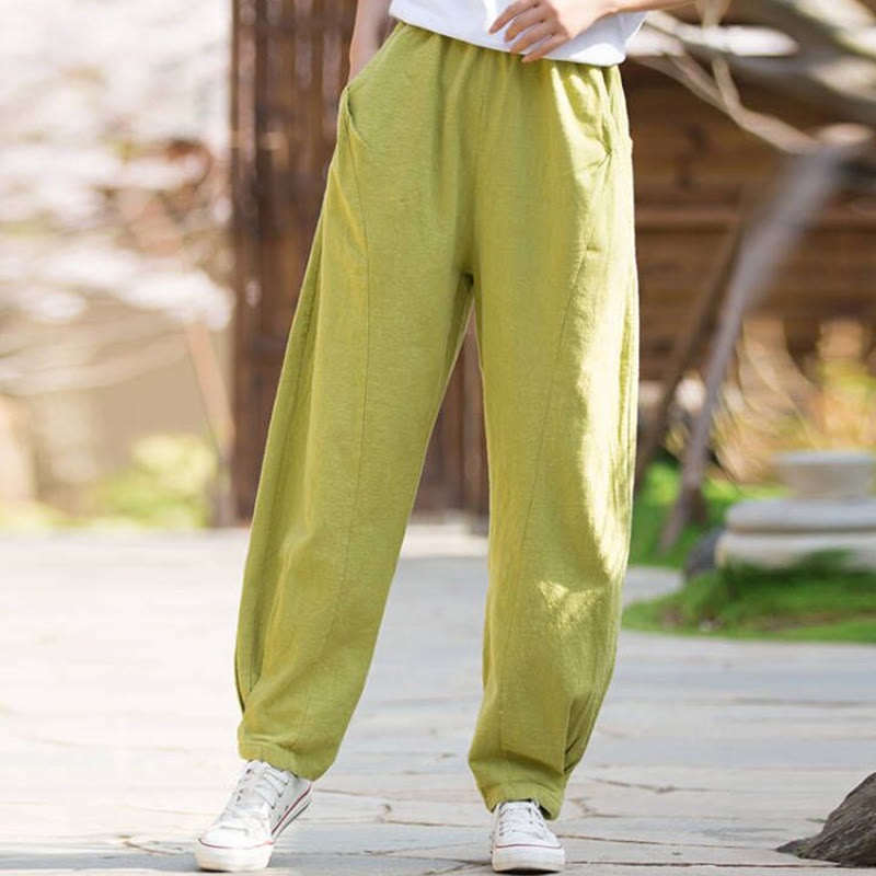 Pantalones de yoga de lino y algodón con bolsillos y diseño informal de Buddha Stones - VerdeAmarillo - US4，UK/AU8，EU36 (L) - image 0