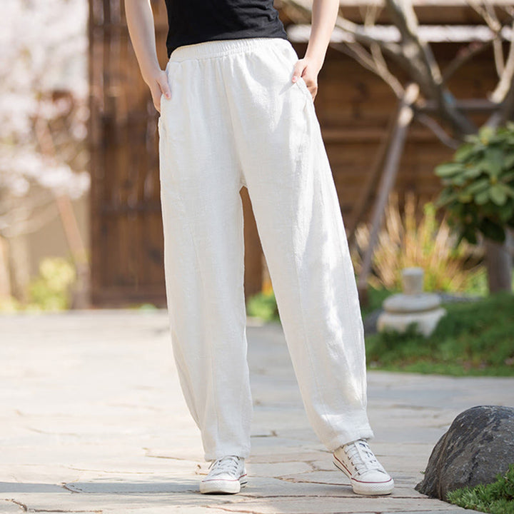 Pantalones de yoga de lino y algodón con bolsillos y diseño informal de Buddha Stones - Blanco - US4，UK/AU8，EU36 (L) - image 8