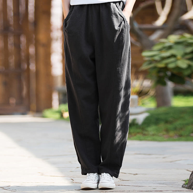 Pantalones de yoga de lino y algodón con bolsillos y diseño informal de Buddha Stones - Negro - US4，UK/AU8，EU36 (L) - image 32