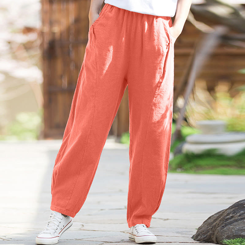 Pantalones de yoga de lino y algodón con bolsillos y diseño informal de Buddha Stones - Coral claro - US4，UK/AU8，EU36 (L) - image 34