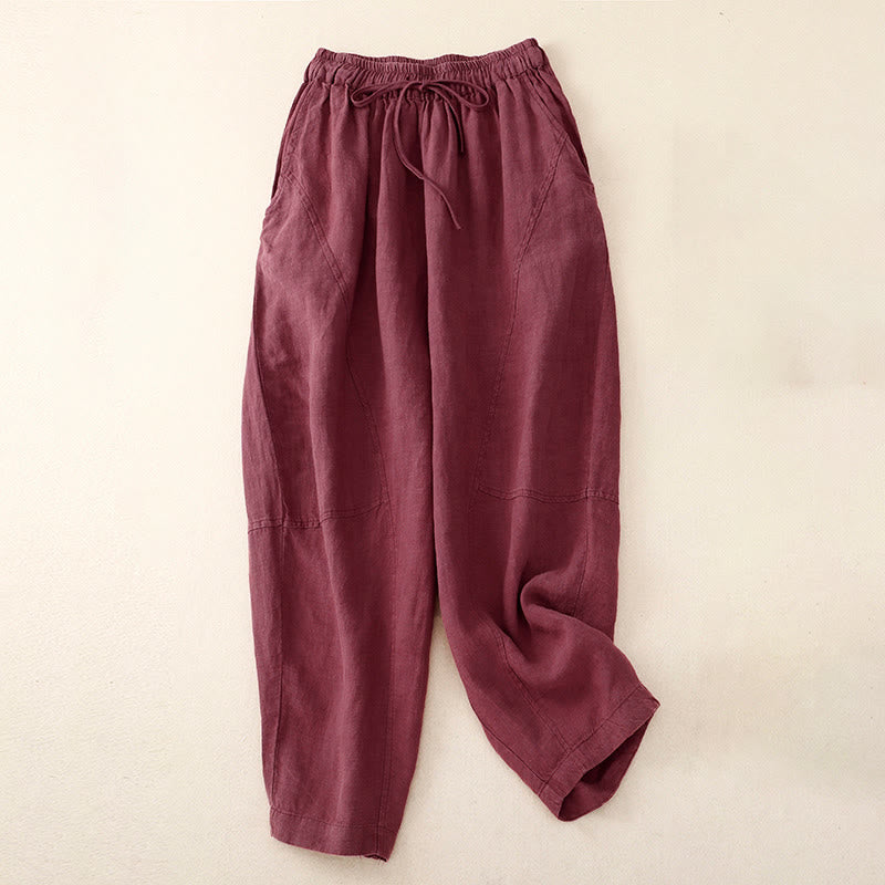 Pantalones harén de lino con cintura elástica y cordón ajustable para mujer de Buddha Stones con bolsillos - Rojo violeta pálido - US8-10，UK/AU12-14，EU40-42 (2XL) - image 0