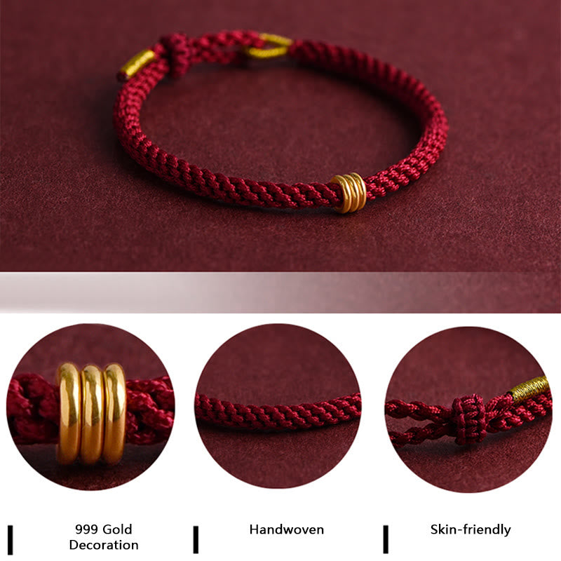 Pulsera de cuerda trenzada con diseño de triple anillo en oro 999 con Buddha Stones