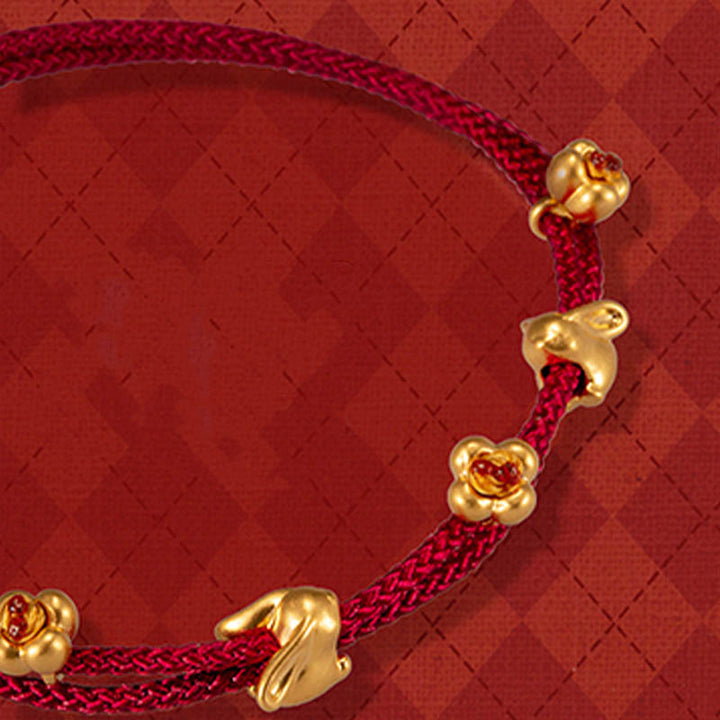 Pulsera trenzada de la suerte hecha a mano con diseño de osmanthus y conejo de la suerte en oro 999 con Buddha Stones - Conejo doble de osmanto dorado (oro aproximado 0,8 g) - 21 cm - image 12