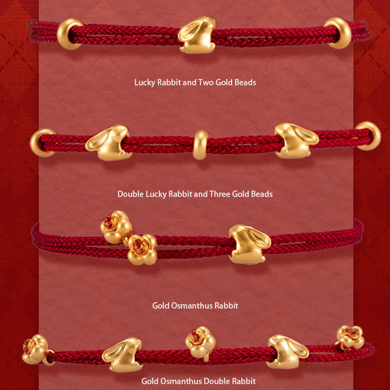 Pulsera trenzada de la suerte hecha a mano con diseño de osmanthus y conejo de la suerte en oro 999 con Buddha Stones - image 1