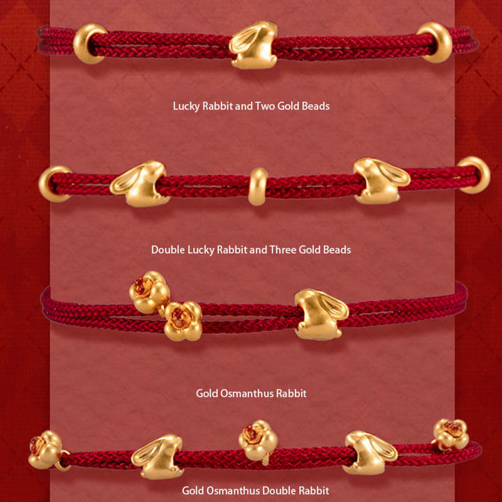 Pulsera trenzada de la suerte hecha a mano con diseño de osmanthus y conejo de la suerte en oro 999 con Buddha Stones - image 1