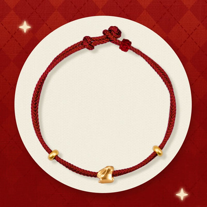 Pulsera trenzada de la suerte hecha a mano con diseño de osmanthus y conejo de la suerte en oro 999 con Buddha Stones - Conejo de la suerte y dos cuentas de oro (oro de aproximadamente 0,31 g) - 21 centímetros - image 0