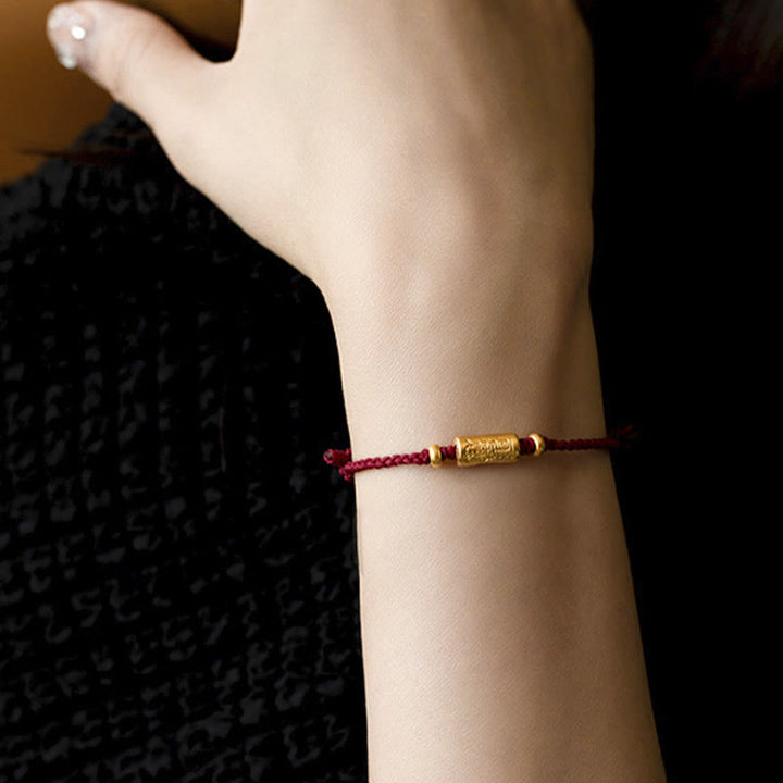 Pulsera de cuerda trenzada hecha a mano con diseño tallado y amuleto de buena suerte de oro 999 con Buddha Stones - Rojo vino (Oro aproximadamente 0,68 g) - 21 cm - image 3