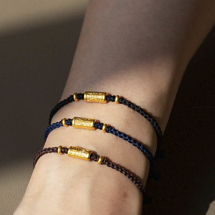 Pulsera de cuerda trenzada hecha a mano con diseño tallado y amuleto de buena suerte de oro 999 con Buddha Stones