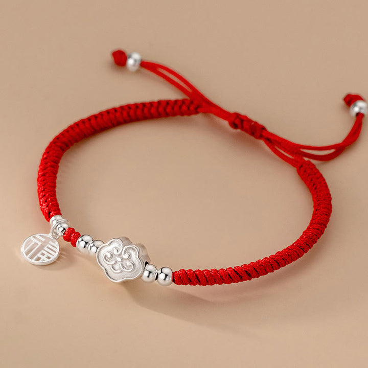 Pulsera trenzada con bendición de nubes auspiciosas y carácter Fu hecha a mano con Buddha Stones en plata de ley 925 - Cuerda roja con diseño de Fu (circunferencia de la muñeca: 14-22 cm) - image 0