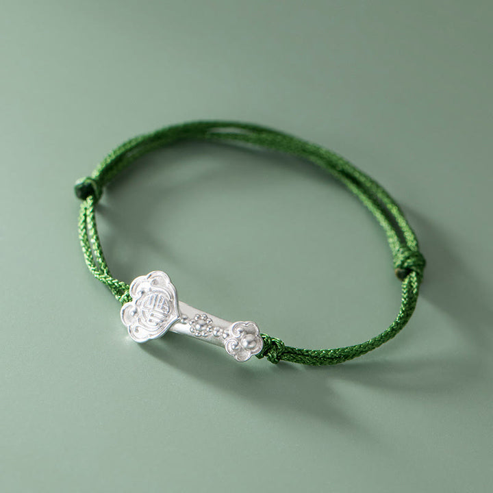 Pulsera trenzada de cuerda verde con mango de Ruyi y símbolo de la suerte hecha a mano con Buddha Stones en plata de ley 999 - image 1