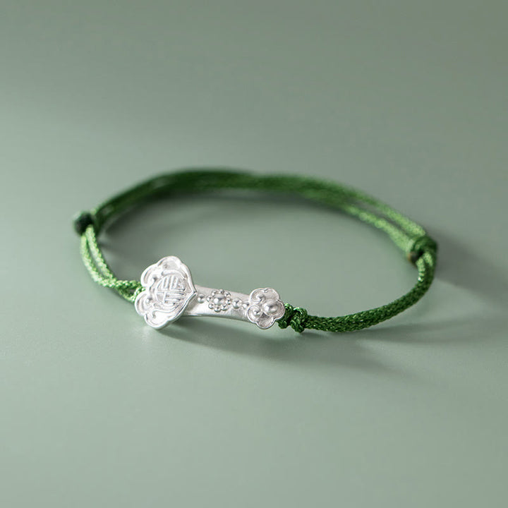 Pulsera trenzada de cuerda verde con mango de Ruyi y símbolo de la suerte hecha a mano con Buddha Stones en plata de ley 999 - Personaje Fu (circunferencia de la muñeca 14-18 cm) - image 0