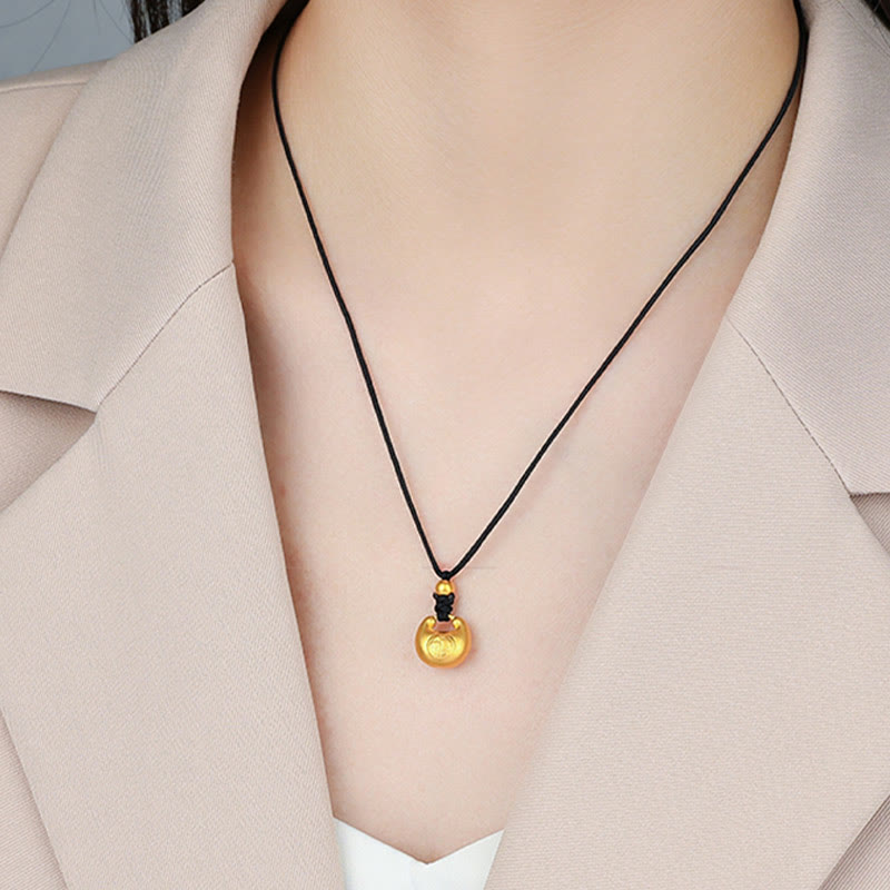 Collar con colgante de cuerda de la suerte con diseño de candado de deseos y personaje Fu de oro 999 con Buddha Stones - Pequeño personaje Fu (dorado, aprox. 0,8 g) + cordón de collar negro - image 2