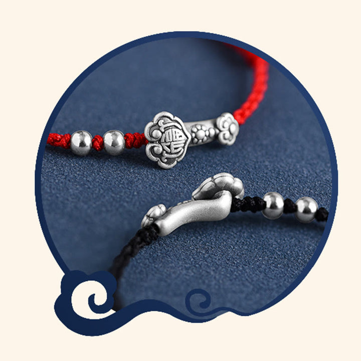 Pulsera de cuerda de la fortuna hecha a mano con Buddha Stones en plata de ley 999 con el personaje Fu y el mango de Ruyi - image 24