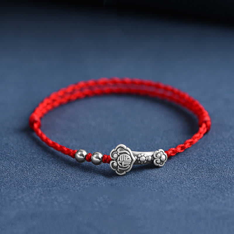 Pulsera de cuerda de la fortuna hecha a mano con Buddha Stones en plata de ley 999 con el personaje Fu y el mango de Ruyi - Tobillera (circunferencia 18-30cm) - Rojo - image 9