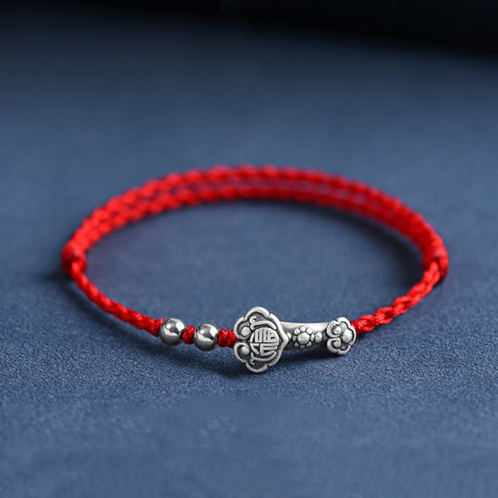 Pulsera de cuerda de la fortuna hecha a mano con Buddha Stones en plata de ley 999 con el personaje Fu y el mango de Ruyi - Tobillera (circunferencia 18-30cm) - Rojo - image 9