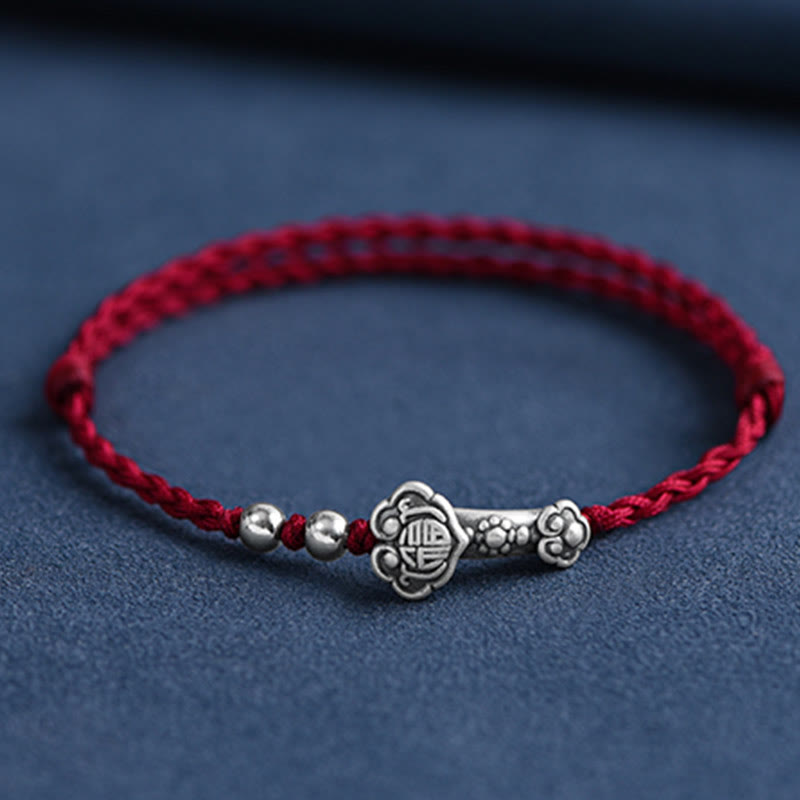 Pulsera de cuerda de la fortuna hecha a mano con Buddha Stones en plata de ley 999 con el personaje Fu y el mango de Ruyi - Tobillera (circunferencia 18-30cm) - Rojo oscuro - image 0