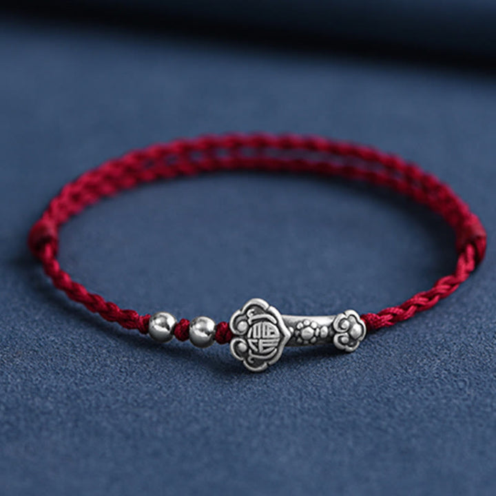Pulsera de cuerda de la fortuna hecha a mano con Buddha Stones en plata de ley 999 con el personaje Fu y el mango de Ruyi - Tobillera (circunferencia 18-30cm) - Rojo oscuro - image 0