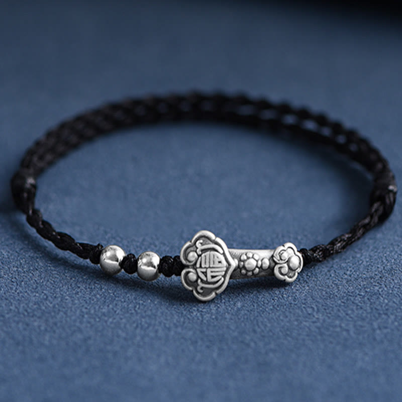Pulsera de cuerda de la fortuna hecha a mano con Buddha Stones en plata de ley 999 con el personaje Fu y el mango de Ruyi - Tobillera (circunferencia 18-30cm) - Negro - image 17