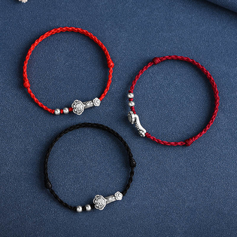 Pulsera de cuerda de la fortuna hecha a mano con Buddha Stones en plata de ley 999 con el personaje Fu y el mango de Ruyi - image 26