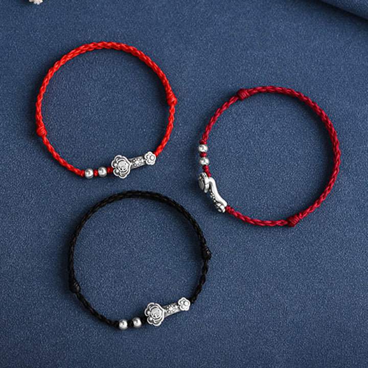 Pulsera de cuerda de la fortuna hecha a mano con Buddha Stones en plata de ley 999 con el personaje Fu y el mango de Ruyi - image 26