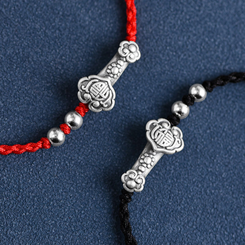 Pulsera de cuerda de la fortuna hecha a mano con Buddha Stones en plata de ley 999 con el personaje Fu y el mango de Ruyi - image 25