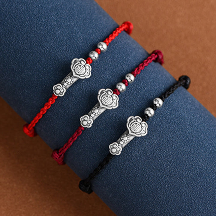 Pulsera de cuerda de la fortuna hecha a mano con Buddha Stones en plata de ley 999 con el personaje Fu y el mango de Ruyi - image 28