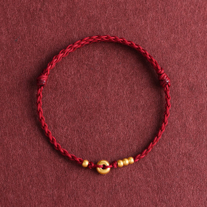 Pulsera de tobillo con cuerda trenzada de la suerte hecha a mano con diseño de hebilla de paz pequeña de oro 999 y Buddha Stones - Tobillera (circunferencia 18-30 cm) - Rojo oscuro - image 12
