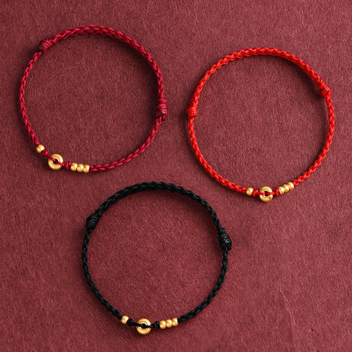 Pulsera de tobillo con cuerda trenzada de la suerte hecha a mano con diseño de hebilla de paz pequeña de oro 999 y Buddha Stones - image 1