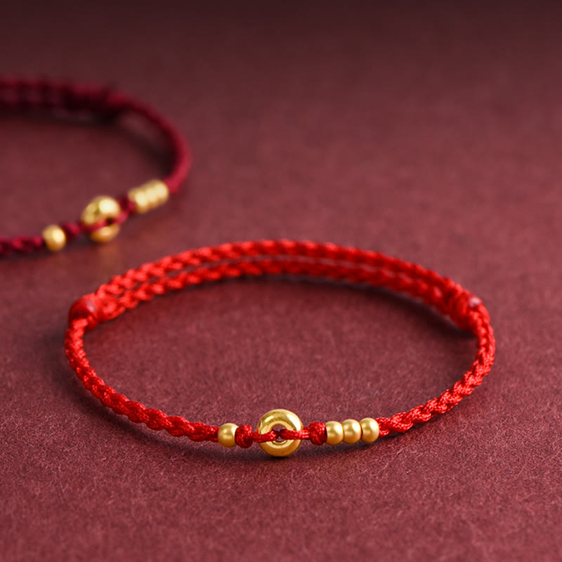 Pulsera de tobillo con cuerda trenzada de la suerte hecha a mano con diseño de hebilla de paz pequeña de oro 999 y Buddha Stones - Tobillera (Circunferencia 18-30 cm) - Rojo - image 0
