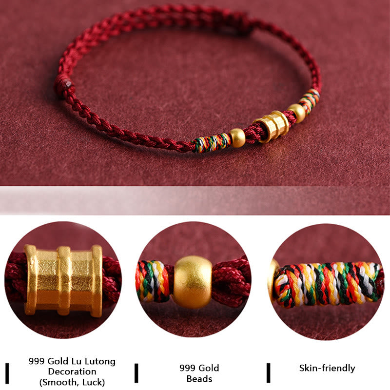 Pulsera de tobillo con cuerda trenzada de la suerte hecha a mano con diseño en forma de cubo pequeño de oro 999 con Buddha Stones