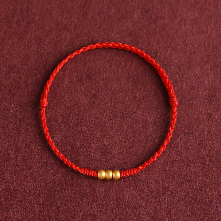 Pulsera de tobillo con cuerda de la suerte hecha a mano con diseño de tres cuentas en oro 999 y Buddha Stones - Tobillera (circunferencia 18-30 cm) - Rojo - image 0