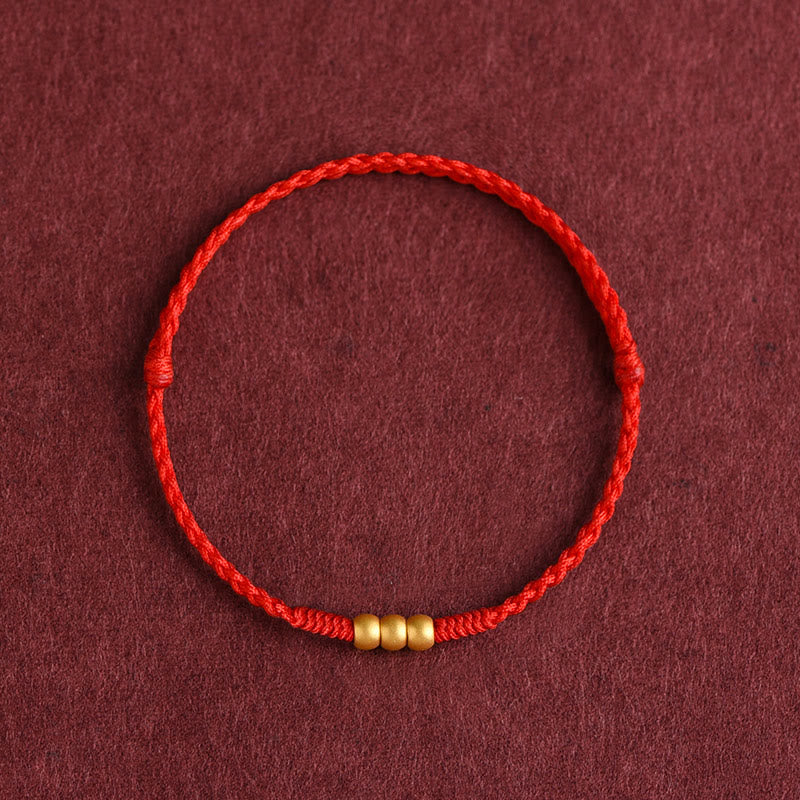 Pulsera de tobillo con cuerda de la suerte hecha a mano con diseño de tres cuentas en oro 999 y Buddha Stones - Tobillera (Circunferencia 18-30 cm) - Rojo - image 0