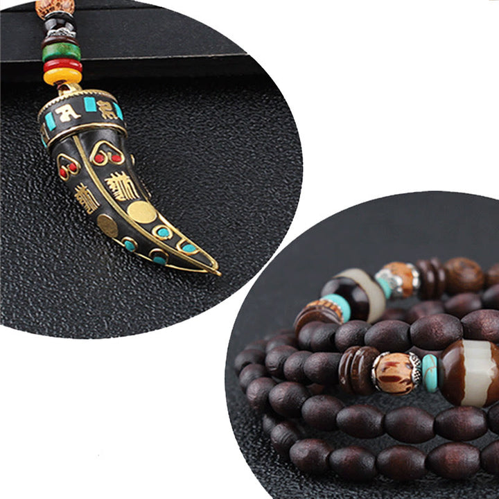Colgante de collar con protección con diseño de cuerno de mantra con símbolo OM Om Mani Padme Hum de madera de wengué del Tíbet y Buddha Stones - image 6
