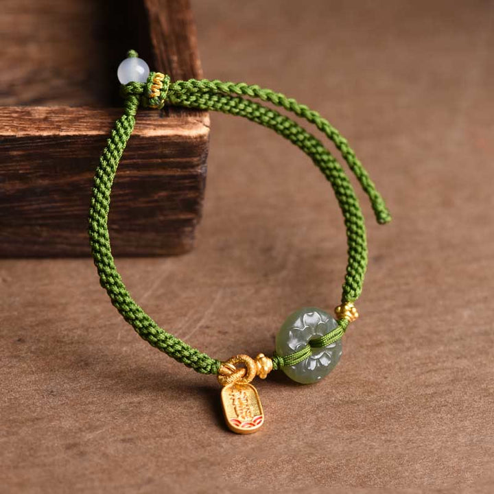 Pulsera de cuerda verde con hebilla de paz y jade verde y Buddha Stones