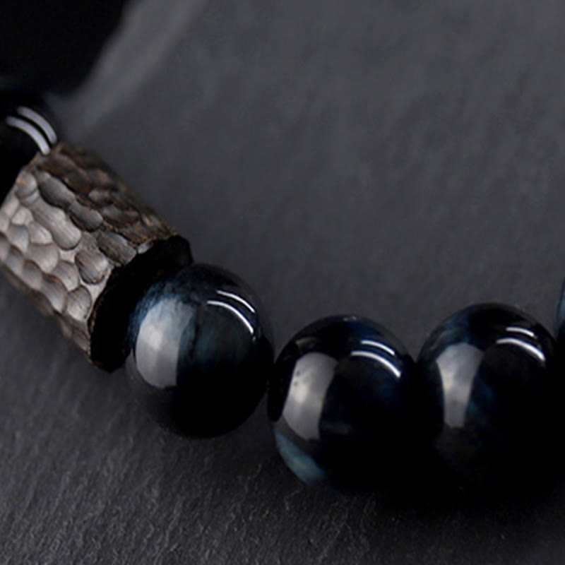Pulsera de cuentas de madera de ébano y ojo de tigre con Buddha Stones