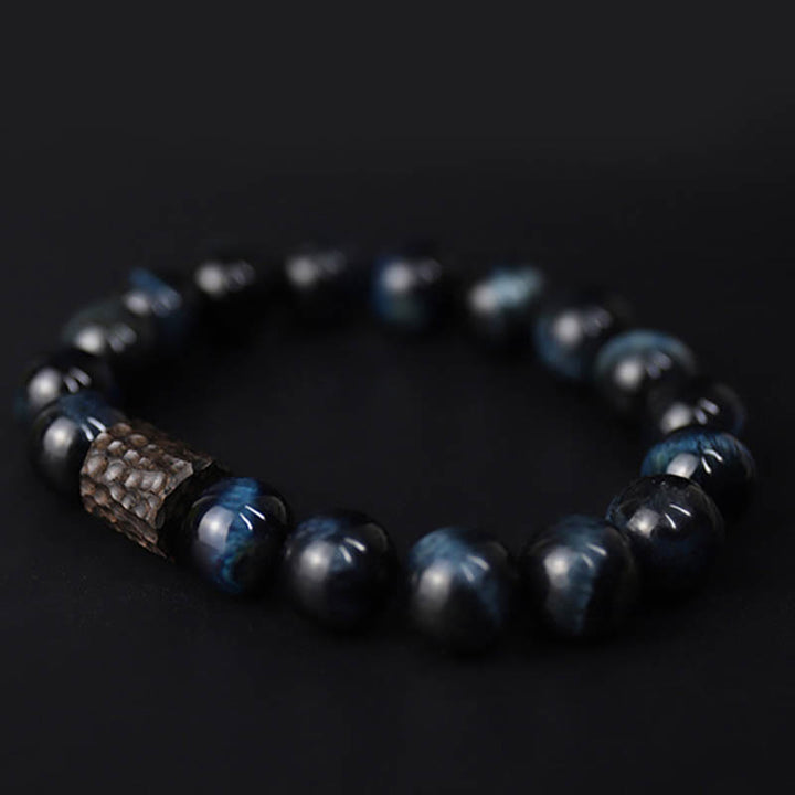 Pulsera de cuentas de madera de ébano y ojo de tigre con Buddha Stones