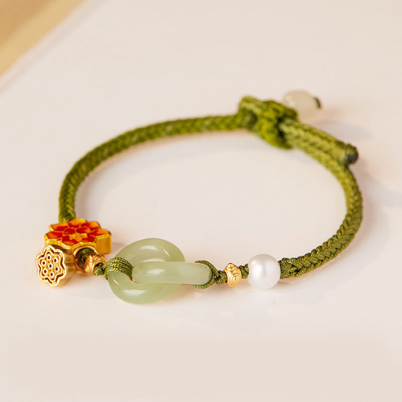 Pulsera de la fortuna con cuerda trenzada y hebilla de paz de loto de jade hetiano y Buddha Stones