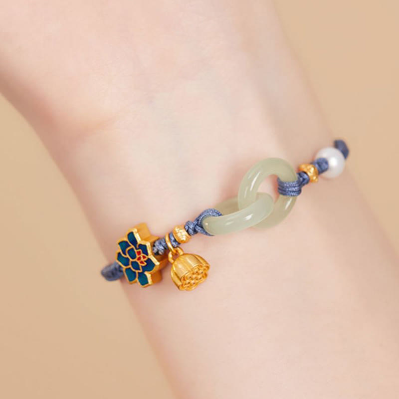Pulsera de la fortuna con cuerda trenzada y hebilla de paz de loto de jade hetiano y Buddha Stones